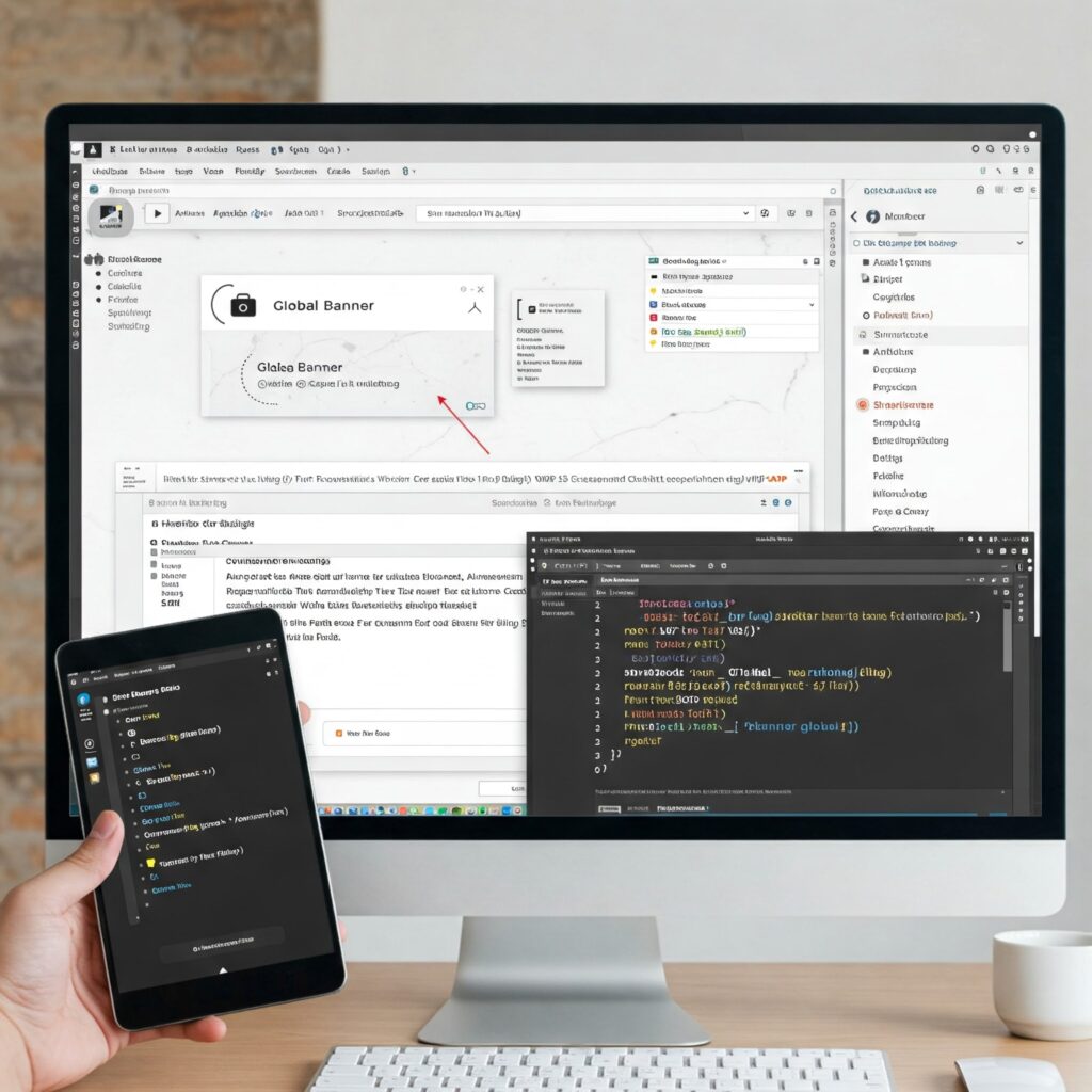 Tela de computador mostrando WordPress, Elementor e código PHP para banner global em multisite.